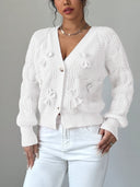 Carys | Bow Detail Cable Knit Cardigan – Casual V Neck Long Sleeve Flared Cuff