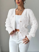 Carys | Bow Detail Cable Knit Cardigan – Casual V Neck Long Sleeve Flared Cuff