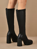 Catalina | Knee High Platform Boots – Square Toe Tall Block Heel Plain Upper