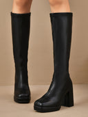 Catalina | Knee High Platform Boots – Square Toe Tall Block Heel Plain Upper