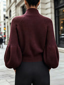 Catriona | Ribbed Knit Cardigan – Casual High Collar Zip Front Balloon Sleeve