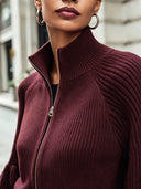 Catriona | Ribbed Knit Cardigan – Casual High Collar Zip Front Balloon Sleeve