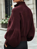Catriona | Ribbed Knit Cardigan – Casual High Collar Zip Front Balloon Sleeve