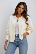 Cecily | Pearl Trim Knit Cardigan – Open Front Long Sleeve Frayed Hem Casual