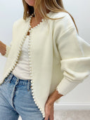 Cecily | Pearl Trim Knit Cardigan – Open Front Long Sleeve Frayed Hem Casual