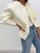 Cecily | Pearl Trim Knit Cardigan – Open Front Long Sleeve Frayed Hem Casual