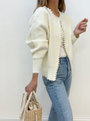 Cecily | Pearl Trim Knit Cardigan – Open Front Long Sleeve Frayed Hem Casual