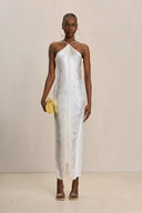 Celestine | Fringe Solid Maxi Dress – Evening Criss Cross Halter Open Back