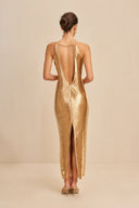 Celestine | Fringe Solid Maxi Dress – Evening Criss Cross Halter Open Back