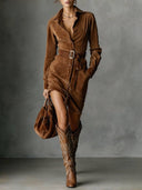 Celia | Suede Effect Shirt Dress – Casual Collared Belted Button Front Pockets