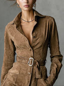 Celia | Suede Effect Shirt Dress – Casual Collared Belted Button Front Pockets