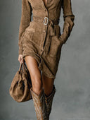 Celia | Suede Effect Shirt Dress – Casual Collared Belted Button Front Pockets