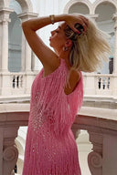 Celine | Sequin Fringe Mini – V Neck Sleeveless Tassel Hem Party Evening Dress