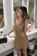 Celine | Sequin Fringe Mini – V Neck Sleeveless Tassel Hem Party Evening Dress