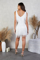 Celine | Sequin Fringe Mini – V Neck Sleeveless Tassel Hem Party Evening Dress