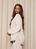 Chaya | Contrast Trim Knit Set – Casual Crew Neck Long Sleeve Wide Leg Pants