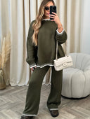 Chaya | Contrast Trim Knit Set – Casual Crew Neck Long Sleeve Wide Leg Pants