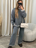 Chaya | Contrast Trim Knit Set – Casual Crew Neck Long Sleeve Wide Leg Pants