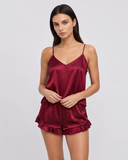 Cheryl | Satin Pajama Set – Sleepwear V Neck Spaghetti Straps Ruffle Shorts