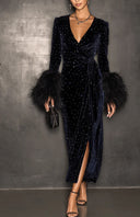 Citlali | Studded Velvet Midi Dress – Evening V Neck Wrap Front Feather Cuffs