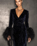 Citlali | Studded Velvet Midi Dress – Evening V Neck Wrap Front Feather Cuffs