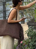 Claire | Woven Fringe Tote Bag – Braided Handle Large Everyday Carryall