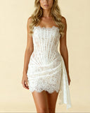 Clara | Lace Strapless Corset Mini – Boned Draped Skirt Party Cocktail Dress