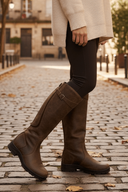 Claribel | Knee High Riding Boots – Round Toe Buckle Strap Low Heel Tread Sole