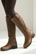 Claribel | Knee High Riding Boots – Round Toe Buckle Strap Low Heel Tread Sole