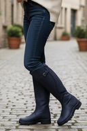 Claribel | Knee High Riding Boots – Round Toe Buckle Strap Low Heel Tread Sole
