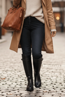 Claribel | Knee High Riding Boots – Round Toe Buckle Strap Low Heel Tread Sole