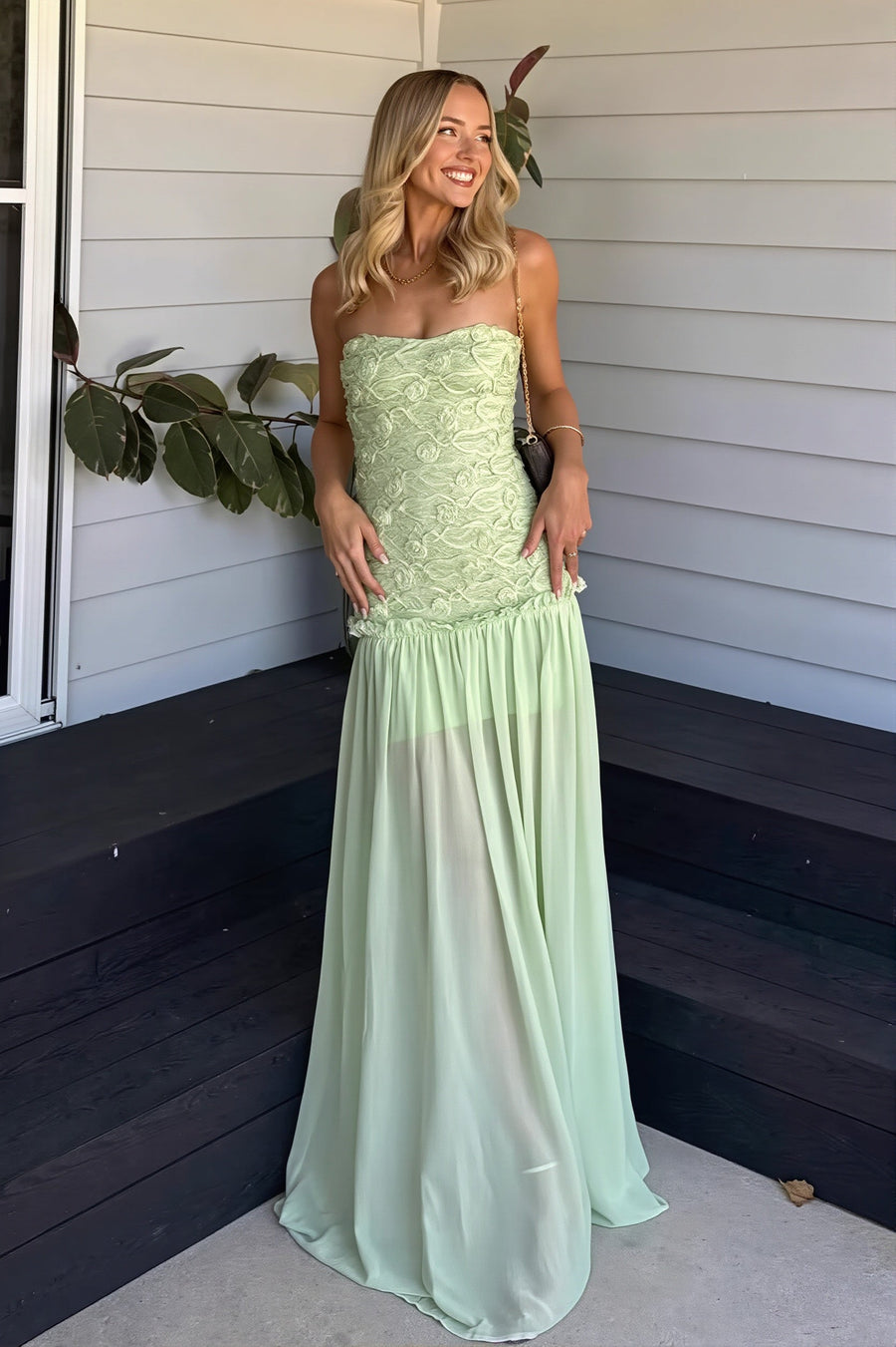 Cleo | Strapless Floral Textured Bodice Chiffon Maxi – Formal Evening Dress
