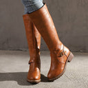 Cleora | Knee High Boots – Casual Round Toe Block Heel Buckle Strap