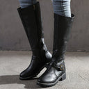 Cleora | Knee High Boots – Casual Round Toe Block Heel Buckle Strap