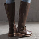Cleora | Knee High Boots – Casual Round Toe Block Heel Buckle Strap