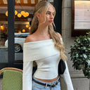 Clodagh | Off Shoulder Knit Top – Casual Foldover Neck Long Sleeve Ribbed