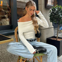 Clodagh | Off Shoulder Knit Top – Casual Foldover Neck Long Sleeve Ribbed