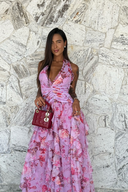 Coral | Floral Halter Neck Maxi – Deep V Ruched Tiered Ruffle Wedding Guest Dress