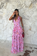 Coral | Floral Halter Neck Maxi – Deep V Ruched Tiered Ruffle Wedding Guest Dress