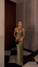Cordelia | Formal Solid Maxi Dress – Wedding Guest One Shoulder Cutout Draped Skirt