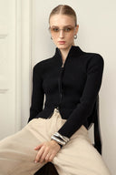 Corinne | Ribbed Zip Cardigan – High Neck Two Way Front Long Sleeve