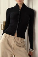 Corinne | Ribbed Zip Cardigan – High Neck Two Way Front Long Sleeve