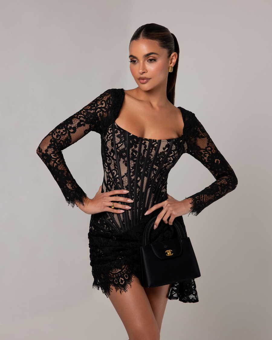 Cosette | Floral Lace Mini Dress – Evening Square Neck Corset Long Sleeve