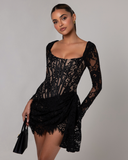 Cosette | Floral Lace Mini Dress – Evening Square Neck Corset Long Sleeve