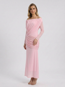 Crystal | Off Shoulder Maxi Dress – Ruched Long Sleeve Evening Gown