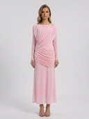 Crystal | Off Shoulder Maxi Dress – Ruched Long Sleeve Evening Gown
