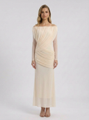 Crystal | Off Shoulder Maxi Dress – Ruched Long Sleeve Evening Gown