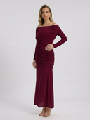 Crystal | Off Shoulder Maxi Dress – Ruched Long Sleeve Evening Gown