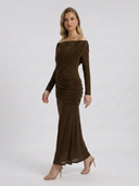 Crystal | Off Shoulder Maxi Dress – Ruched Long Sleeve Evening Gown