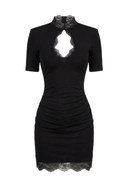 Cymbeline | Ruched Mini Dress – Evening High Neck Lace Keyhole Short Sleeve Hem